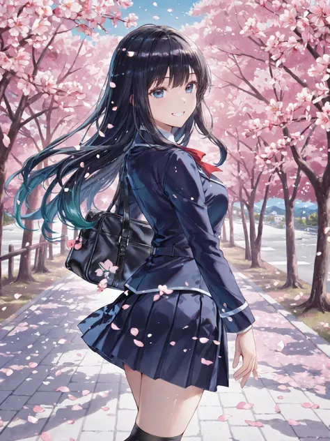 Soft Touch Images、 soft contrast、Japanese high school girl、long black hair、Red ribbon on the back of the head 、cute smile、Invincible Smile、Navy Blue and Green Blazer Uniform、White and Blue Strife Miniskirt、Black School Socks、Dark Brown Strappy Leather Shoe...