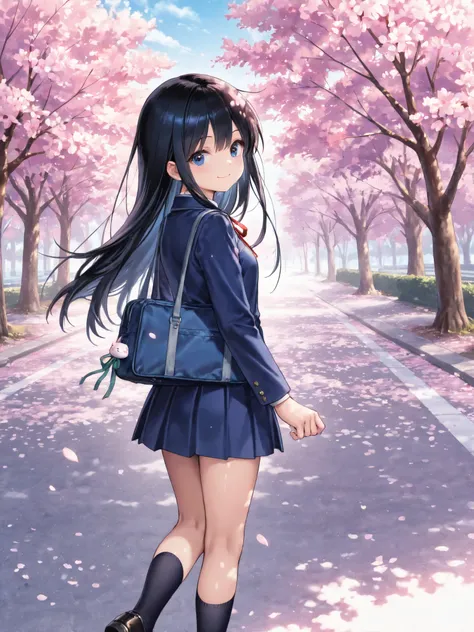 Soft Touch Images、 soft contrast、Japanese high school girl、long black hair、Red ribbon on the back of the head 、cute smile、Invincible Smile、Navy Blue and Green Blazer Uniform、White and Blue Strife Miniskirt、Black School Socks、Dark Brown Strappy Leather Shoe...
