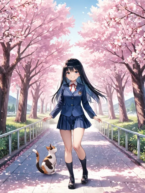 soft touch expression image quality、 soft contrast、Japanese high school girl、long black hair、Red ribbon on back hair、cute smile、Invincible Smile、Navy Blue and Green Blazer Uniform、White and Blue Strife Miniskirt、Black School Socks、Dark Brown Strappy Leathe...