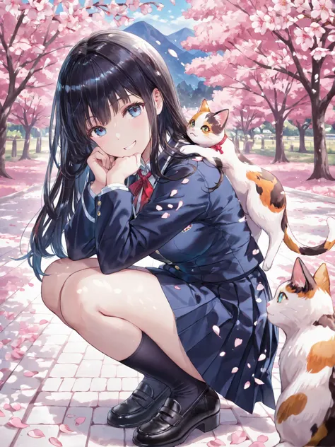 soft touch expression image quality、 soft contrast、Japanese high school girl、long black hair、Red ribbon on back hair、cute smile、Invincible Smile、Navy Blue and Green Blazer Uniform、White and Blue Strife Miniskirt、Black School Socks、Dark Brown Strappy Leathe...