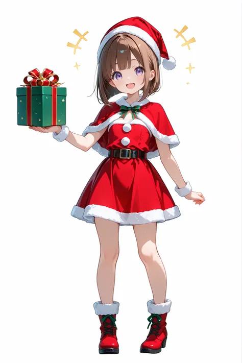 chibi style, young woman, flat bust, full body in frame, transparent background, Santa outfit, happy expression, medium bob hair, holding gift box