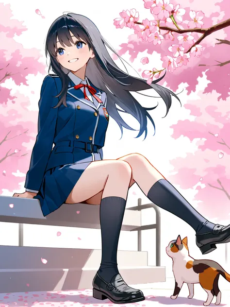 soft touch expression image quality、 soft contrast、Japanese high school girl、long black hair、Red ribbon on back hair、cute smile、Invincible Smile、Navy Blue and Green Blazer Uniform、White and Blue Strife Miniskirt、Black School Socks、Dark Brown Strappy Leathe...