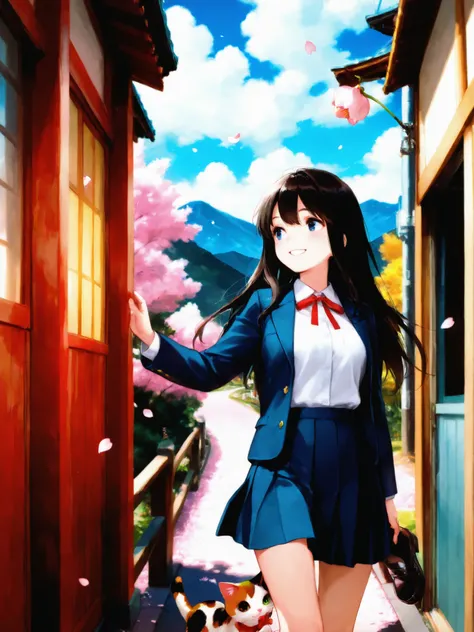 soft touch expression image quality、 soft contrast、Japanese high school girl、long black hair、Red ribbon on back hair、cute smile、Invincible Smile、Navy Blue and Green Blazer Uniform、White and Blue Strife Miniskirt、Black School Socks、Dark Brown Strappy Leathe...