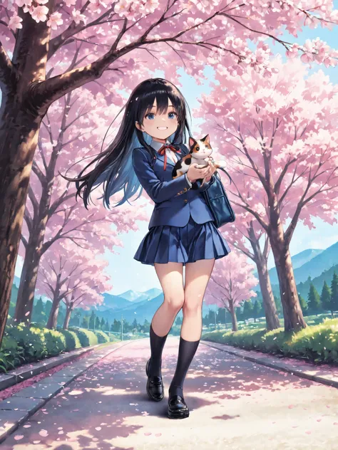soft touch expression image quality、 soft contrast、Japanese high school girl、long black hair、Red ribbon on back hair、cute smile、Invincible Smile、Navy Blue and Green Blazer Uniform、White and Blue Strife Miniskirt、Black School Socks、Dark Brown Strappy Leathe...