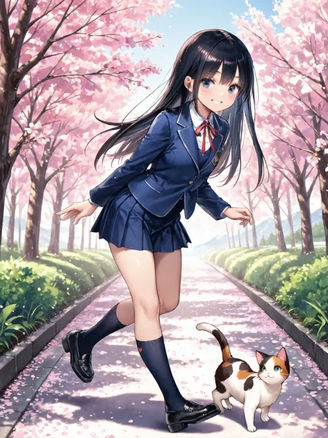 soft touch expression image quality、 soft contrast、Japanese high school girl、long black hair、Red ribbon on back hair、cute smile、Invincible Smile、Navy Blue and Green Blazer Uniform、White and Blue Strife Miniskirt、Black School Socks、Dark Brown Strappy Leathe...