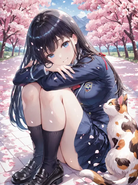 soft touch expression image quality、 soft contrast、Japanese high school girl、long black hair、Red ribbon on back hair、cute smile、Invincible Smile、Navy Blue and Green Blazer Uniform、White and Blue Strife Miniskirt、Black School Socks、Dark Brown Strappy Leathe...