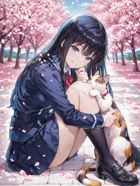soft touch expression image quality、 soft contrast、Japanese high school girl、long black hair、Red ribbon on back hair、cute smile、Invincible Smile、Navy Blue and Green Blazer Uniform、White and Blue Strife Miniskirt、Black School Socks、Dark Brown Strappy Leathe...