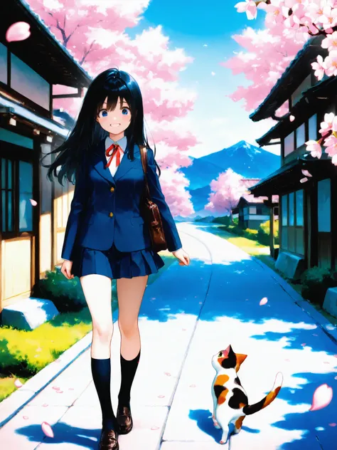 soft touch expression image quality、 soft contrast、Japanese high school girl、long black hair、Red ribbon on back hair、cute smile、Invincible Smile、Navy Blue and Green Blazer Uniform、White and Blue Strife Miniskirt、Black School Socks、Dark Brown Strappy Leathe...