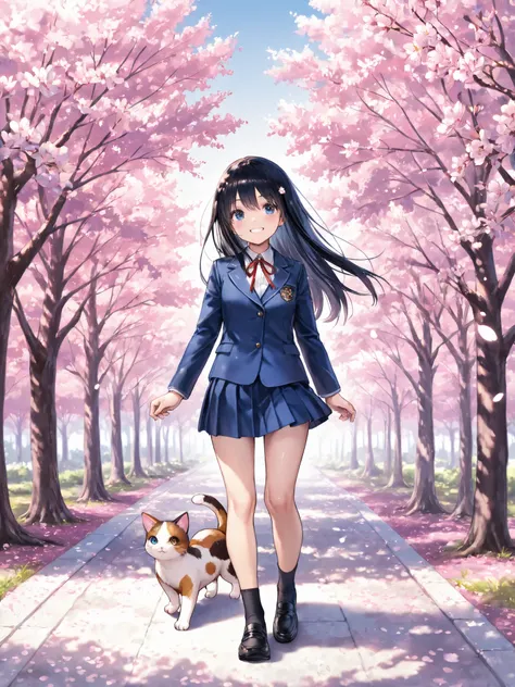 soft touch expression image quality、 soft contrast、Japanese high school girl、long black hair、Red ribbon on back hair、cute smile、Invincible Smile、Navy Blue and Green Blazer Uniform、White and Blue Strife Miniskirt、Black School Socks、Dark Brown Strappy Leathe...