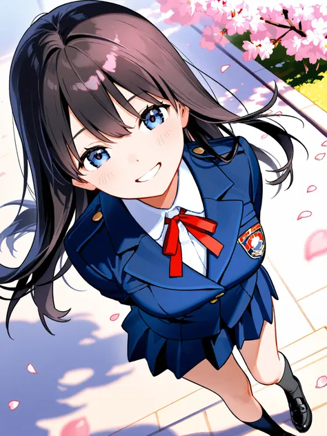 soft touch expression image quality、 soft contrast、Japanese high school girl、long black hair、Red ribbon on back hair、cute smile、Invincible Smile、Navy Blue and Green Blazer Uniform、White and Blue Strife Miniskirt、Black School Socks、Dark Brown Strappy Leathe...
