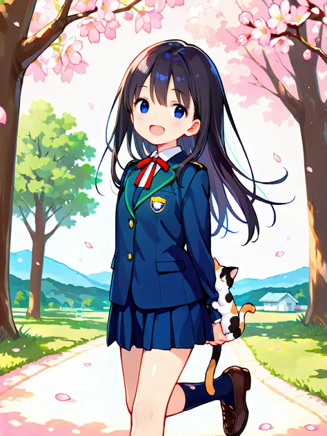 soft touch expression image quality、 soft contrast、Japanese high school girl、long black hair、Red ribbon on back hair、cute smile、Invincible Smile、Navy Blue and Green Blazer Uniform、White and Blue Strife Miniskirt、Black School Socks、Dark Brown Strappy Leathe...