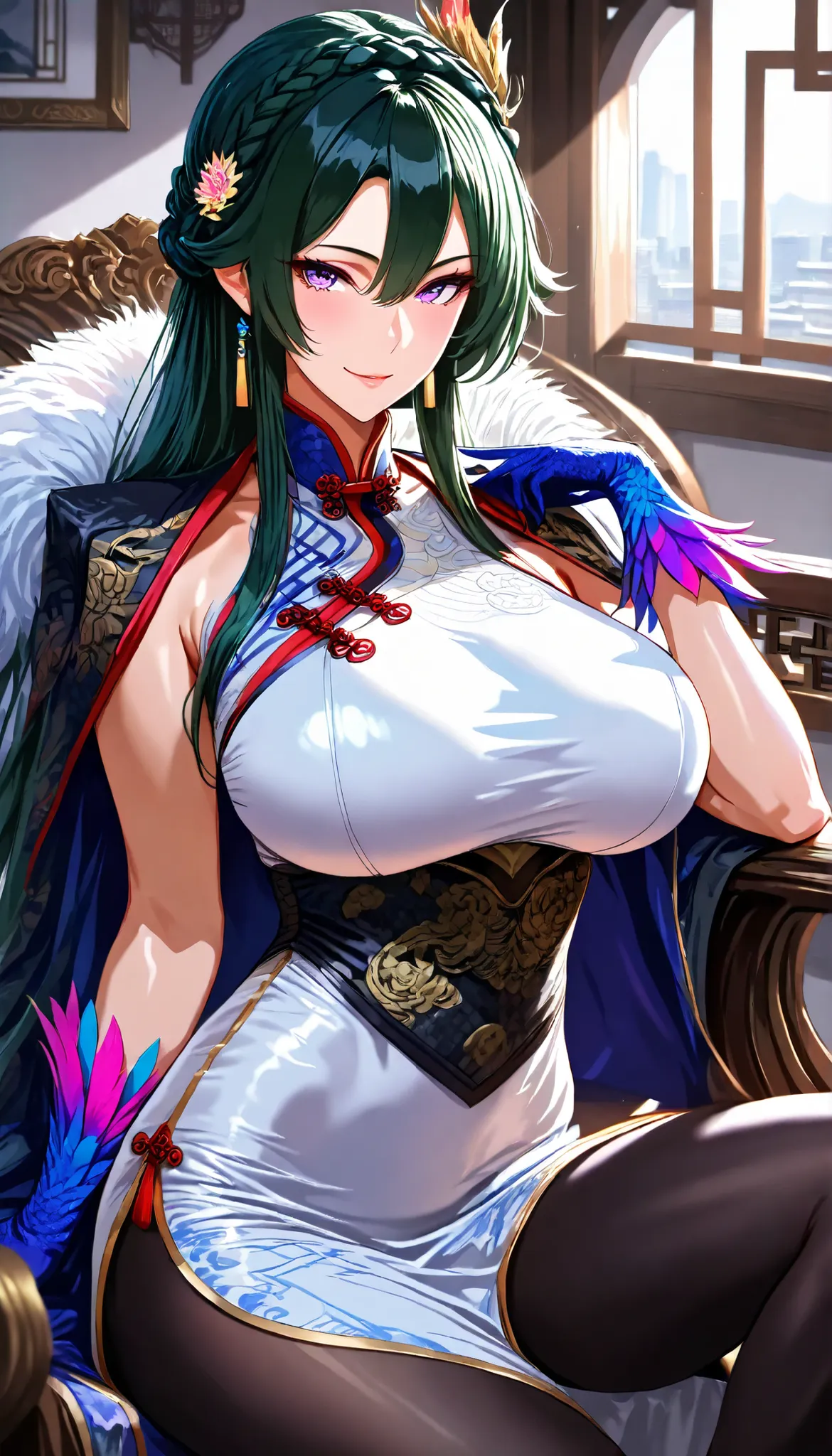 A hen Female,Perfect body,Oppai, (Dark green hair,long hair,crown braid, sidelocks,bangs between eyes),(Purple eyes), (Wearing A White sleeveless Cheongsam),(Colorful feather gloves),(A Feather Vest on her shoulder),black pantyhose,Sitting on a Chinese Lux...