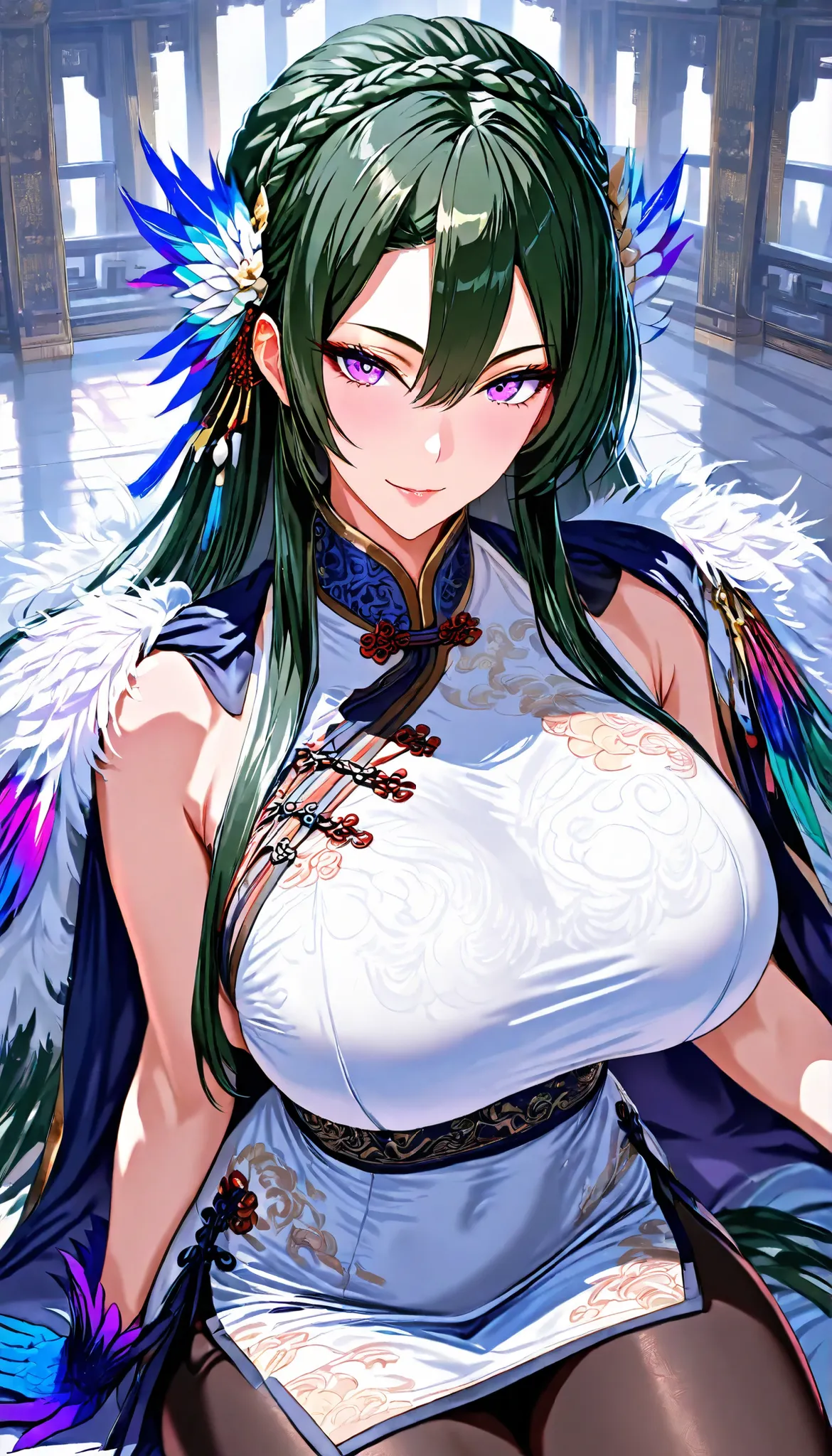 A hen Female,Perfect body,Oppai, (Dark green hair,long hair,crown braid, sidelocks,bangs between eyes),(Purple eyes), (Wearing A White sleeveless Cheongsam),(Colorful feather gloves),(A Feather Vest on her shoulder),black pantyhose,Sitting on a Chinese Lux...