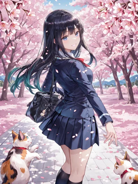 soft touch expression image quality、 soft contrast、Japanese high school girl、long black hair、Red ribbon on back hair、cute smile、Invincible Smile、Navy Blue and Green Blazer Uniform、White and Blue Strife Miniskirt、Black School Socks、Dark Brown Strappy Leathe...