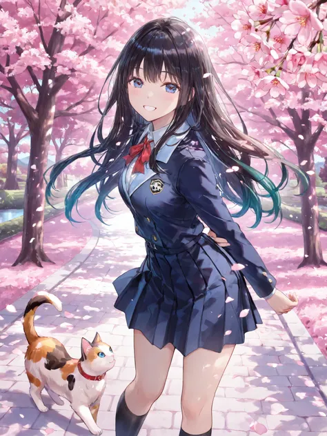 soft touch expression image quality、 soft contrast、Japanese high school girl、long black hair、Red ribbon on back hair、cute smile、Invincible Smile、Navy Blue and Green Blazer Uniform、White and Blue Strife Miniskirt、Black School Socks、Dark Brown Strappy Leathe...