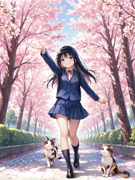 soft touch expression image quality、 soft contrast、Japanese high school girl、long black hair、Red ribbon on back hair、cute smile、Invincible Smile、Navy Blue and Green Blazer Uniform、White and Blue Strife Miniskirt、Black School Socks、Dark Brown Strappy Leathe...