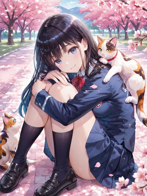soft touch expression image quality、 soft contrast、Japanese high school girl、long black hair、Red ribbon on back hair、cute smile、Invincible Smile、Navy Blue and Green Blazer Uniform、White and Blue Strife Miniskirt、Black School Socks、Dark Brown Strappy Leathe...