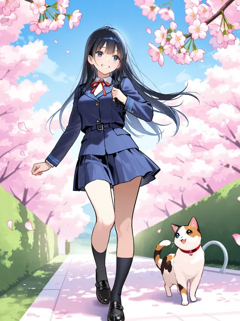 soft touch expression image quality、 soft contrast、Japanese high school girl、long black hair、Red ribbon on back hair、cute smile、Invincible Smile、Navy Blue and Green Blazer Uniform、White and Blue Strife Miniskirt、Black School Socks、Dark Brown Strappy Leathe...