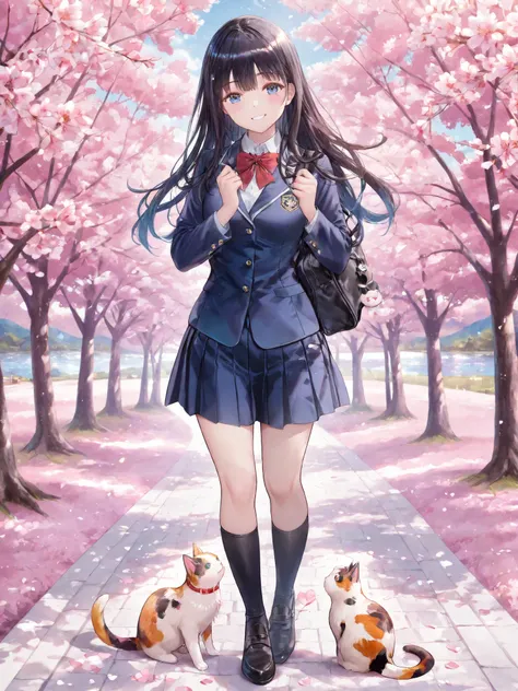 soft touch expression image quality、 soft contrast、Japanese high school girl、long black hair、Red ribbon on back hair、cute smile、Invincible Smile、Navy Blue and Green Blazer Uniform、White and Blue Strife Miniskirt、Black School Socks、Dark Brown Strappy Leathe...