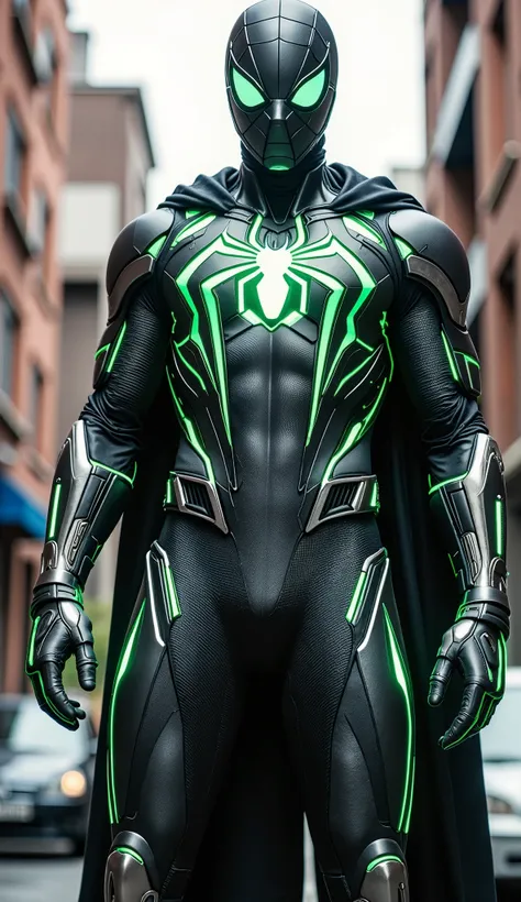 "Low-angle full-body shot of a Spider-Man in dull gray nickel cyber armor with glowing green web-shooters and mechanical textures, tight-fitting suit, no hood, no cape, no helmet, no robe, head fully visible, modern Spider-Man mask, standing from head to t...