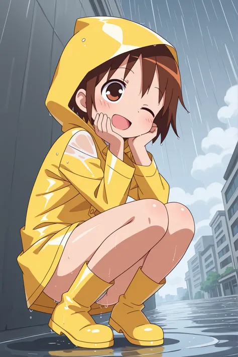 ((anime style)),nsfw,score_9, score_8_up, score_7_up, source_anime,yamakasa,yasuna oribe,1girl, fundoshi, solo, ((yellow  raincoat)),(Exposed thighs),((open mouth smile)),((wink)),blush,((sweat)), ((yellow rain boots)),((side view)),((((squatting)))),((kne...