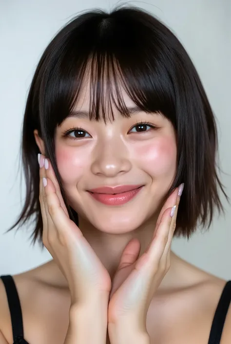 ultra extreme close-up portrait, girl's face filling more than 99% of the frame, hyperrealistic 8K detail, face softly tilted ~30 degrees, deeply blushed cheeks, glossy parted lips forming a dreamy, love-drenched smile, soft upper teeth visible, both hands...