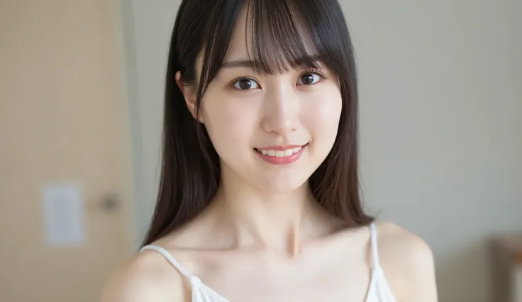 1 girl, 20 years old, young girl, Japanese girl, dark brown long hair, (I'm wearing a white tank top with thin straps, plated miniskirt), Open button, button, Closeup selfie , Natural Breasts, skinny, Chest, nsfw, Lean on me