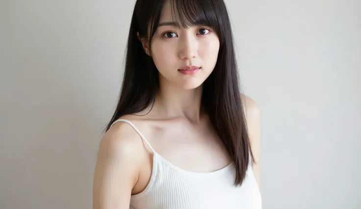 1 girl, 20 years old, young girl, Japanese girl, dark brown long hair, (I'm wearing a white tank top with thin straps, plated miniskirt), Open button, button, Closeup selfie , Natural Breasts, skinny, Chest, nsfw, Lean on me