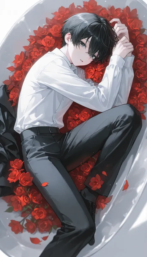 (1 boy with short black hair:1.4),Red flowers lie in many coffins、 white shirt、black pants、moonlight