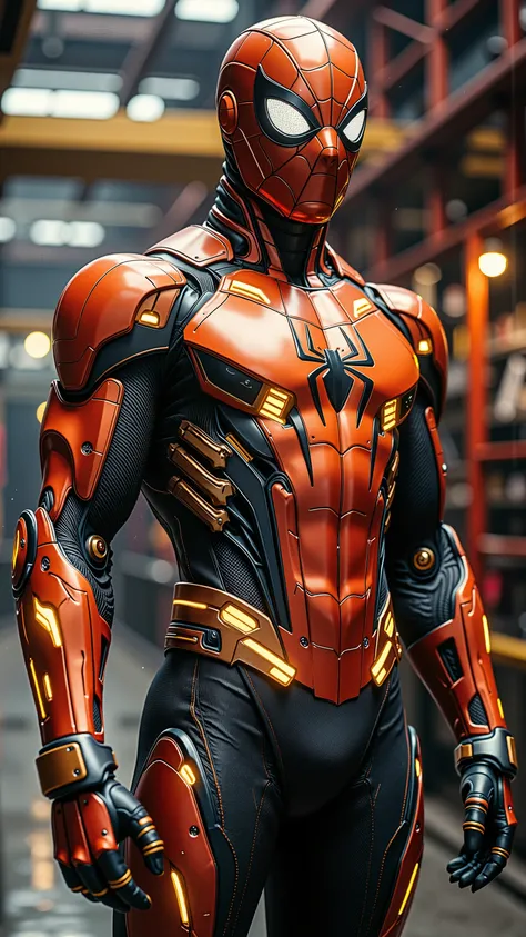 "Spider-Man in bold reddish-orange copper cyber armor with glowing amber circuitry, exposed gears and welds, standing from head to toe, full body in frame, wide shot, camera pulled back, head fully visible, centered in frame, no cropping, no hood, tight-fi...