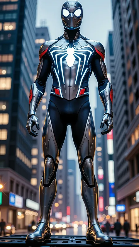 "Low-angle full-body shot of a futuristic Spider-Man in polished platinum armor with glowing blue accents, wearing a sleek bodysuit, no hood, no cape, no helmet, no robe, head fully visible, masked like modern Spider-Man, entire body shown from head to toe...