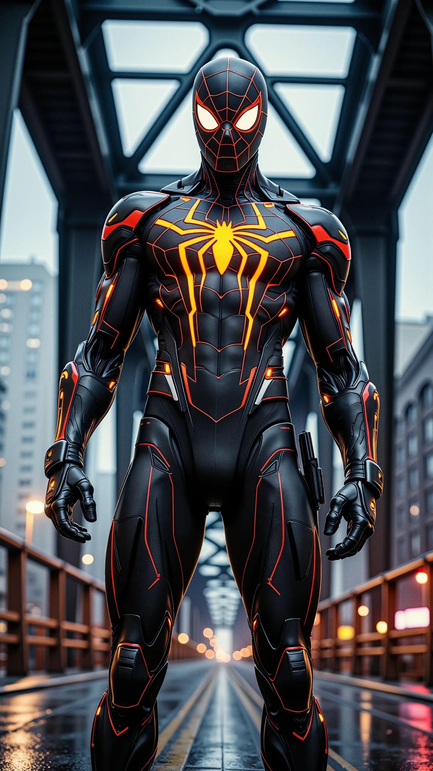 "Low-angle full-body shot of Spider-Man in heavy industrial iron cyber armor with glowing orange web lines, wearing a modern, tight-fitting Spider-Man mask with no hood, no cape, no helmet, no robe. The face and head are fully visible, completely uncovered...