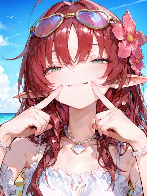 Myrtle_\(summer_flower\)_\(Arknights\), green eyes,pointed ears,stupid hair,red hair ,split bangs,hair flower ,ハート型Aiu ェア,both sides up, frilled bikini,necklace,sandals ,bridal garter ,bracelets to rub your neck ,anklet,Portrait,happy, smug , A hump above...