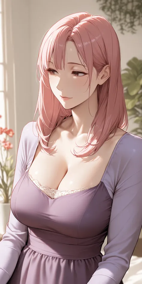mature female, housewife, pink hair, medium hair, straight hair, long sleeve shirt, cleavage, milf, soft light, high detailed, best quality, upper body,red colour costume, bedroom plants and flowers background, attractive design, nice skin body cinematic, ...