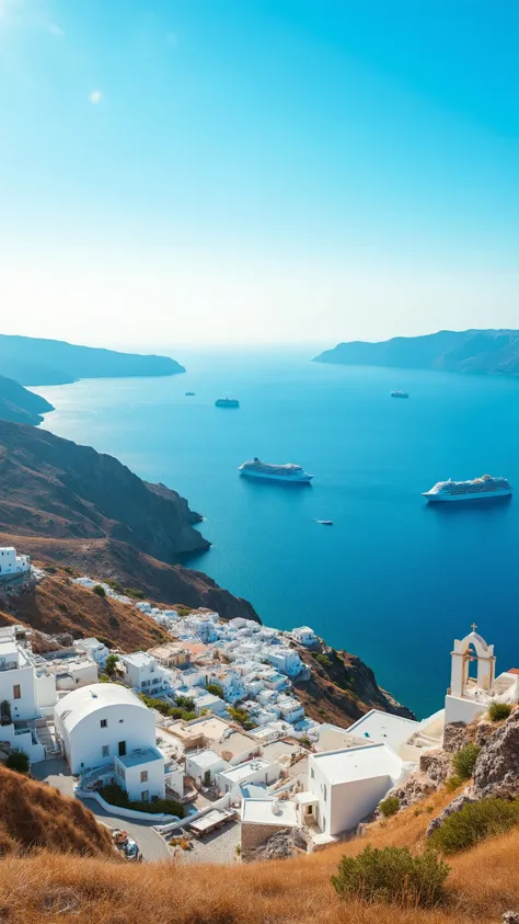 highdefinition images、white houses spread out on the slopes of the mountains on the Greek coastline and can be seen beautifully、there are several cruisers sailing in the ocean、seen from a yacht、The color of the clear blue ocean、Panoramic image。