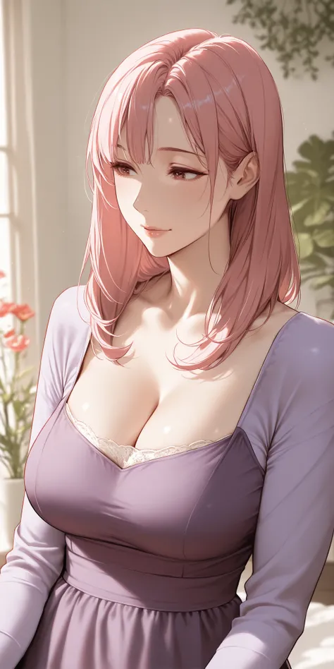 mature female, housewife, pink hair, medium hair, straight hair, long sleeve shirt, cleavage, milf, soft light, high detailed, best quality, upper body,red colour costume, bedroom plants and flowers background, attractive design, nice skin body cinematic, ...