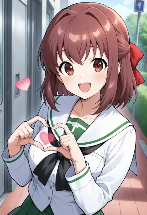 high resolution、Highest Quality、Highest Quality、shot from the front、is laughing、one girl、solo、 Taeko Kondo 、smile、reference to absolute center 、reddish brown beautiful eyes on hands and chest、 shiny brown hair on hands and chest , short hair ,red ribbon、 (...