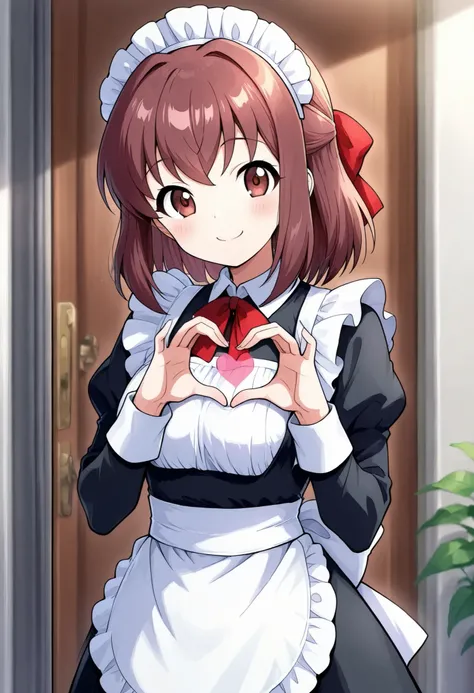 high resolution、Highest Quality、Highest Quality、shot from the front、smiles、one girl、solo、 Taeko Kondo 、smile、reference to absolute center 、reddish brown beautiful eyes on hands and chest、 shiny brown hair on hands and chest , short hair ,red ribbon、 ( beau...