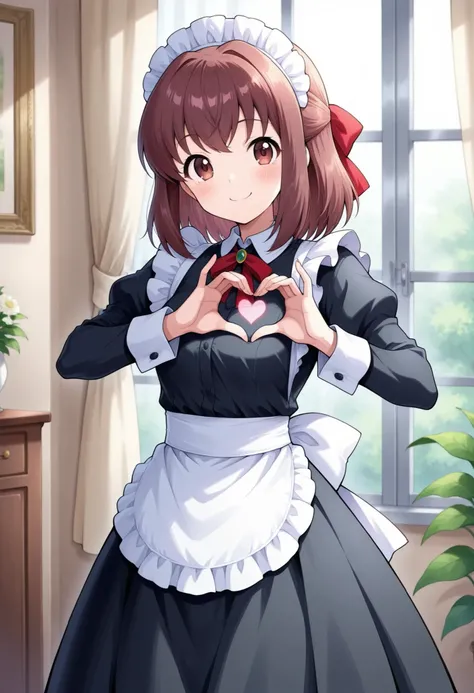 high resolution、Highest Quality、Highest Quality、shot from the front、smiles、one girl、solo、 Taeko Kondo 、smile、reference to absolute center 、reddish brown beautiful eyes on hands and chest、 shiny brown hair on hands and chest , short hair ,red ribbon、 ( beau...