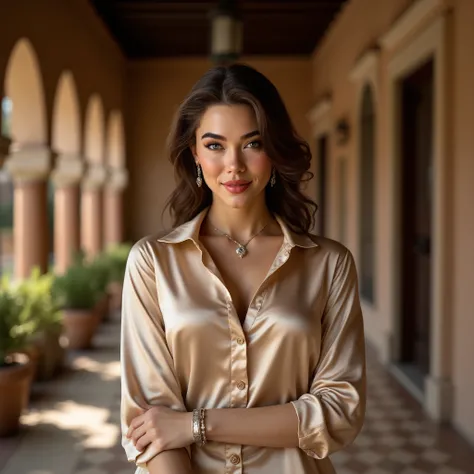 woman, summer satin shirt, long sleeves, jewelry, necklace, bracelet, vintage spanish hallway