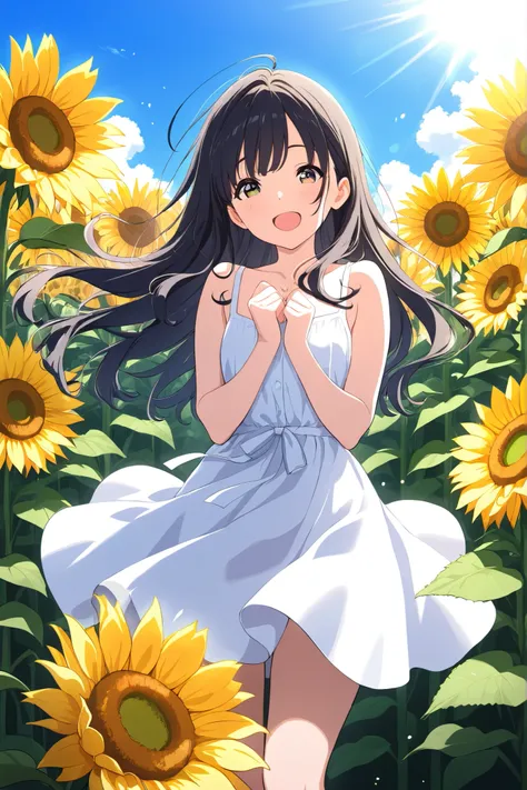 masterpiece, best quality, 1girl, , long wavy black hair, summer dress, standing in sunflower field, spinning, joyful expression, blue sky, sun shining, dynamic pose, wind in hair, glowing light, colorful flowers