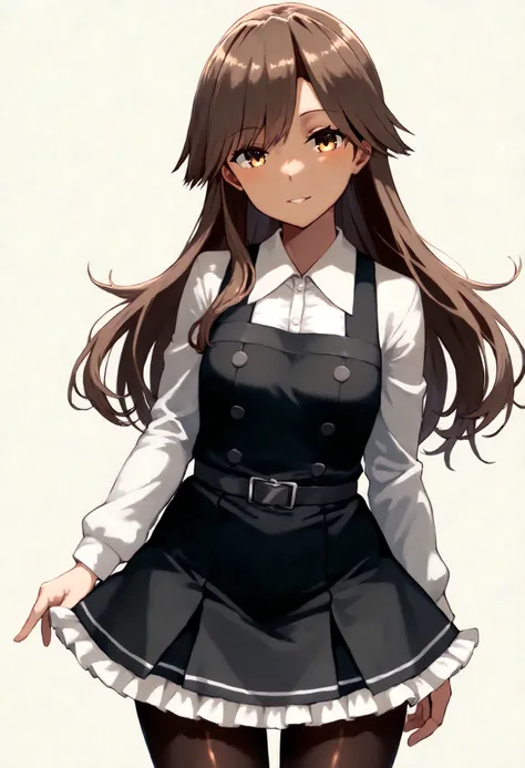 Arashio (KANCOLLE), arashioKC, long hair, pinafore dress, frilled dress, shirt, long sleeves, pantyhose,brown hair, side swept bangs, messy bangs,black dress,
