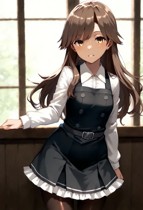 Arashio (KANCOLLE), arashioKC, long hair, pinafore dress, frilled dress, shirt, long sleeves, pantyhose,brown hair, side swept bangs, messy bangs,black dress,