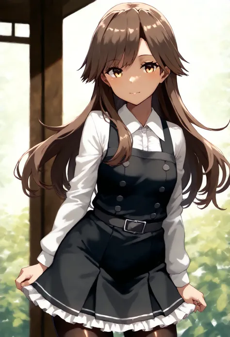 Arashio (KANCOLLE), arashioKC, long hair, pinafore dress, frilled dress, shirt, long sleeves, pantyhose,brown hair, side swept bangs, messy bangs,black dress,