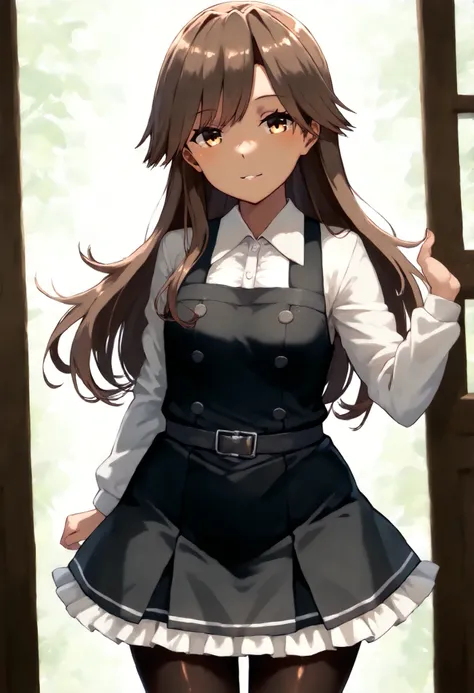 Arashio (KANCOLLE), arashioKC, long hair, pinafore dress, frilled dress, shirt, long sleeves, pantyhose,brown hair, side swept bangs, messy bangs,black dress,