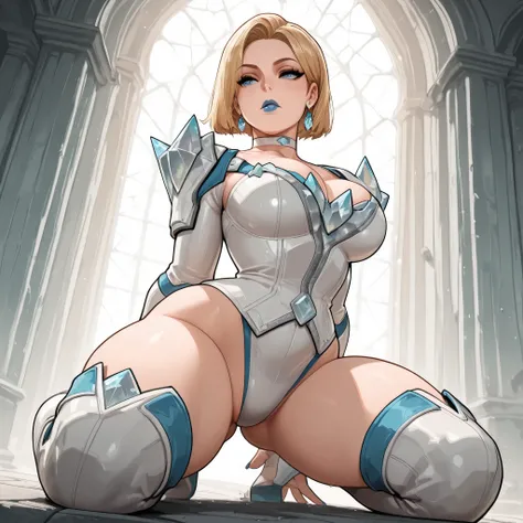 masterpiece,best quality,amazing quality, absurdres,   emma frost,  2girl, solo, choker, thighs, white outfit, blonde hair, exposed corset and panties, blonde hair, short hair, lipstick, jewelry, earrings, blue lips, blue nails, boots, shoulder armor, thic...