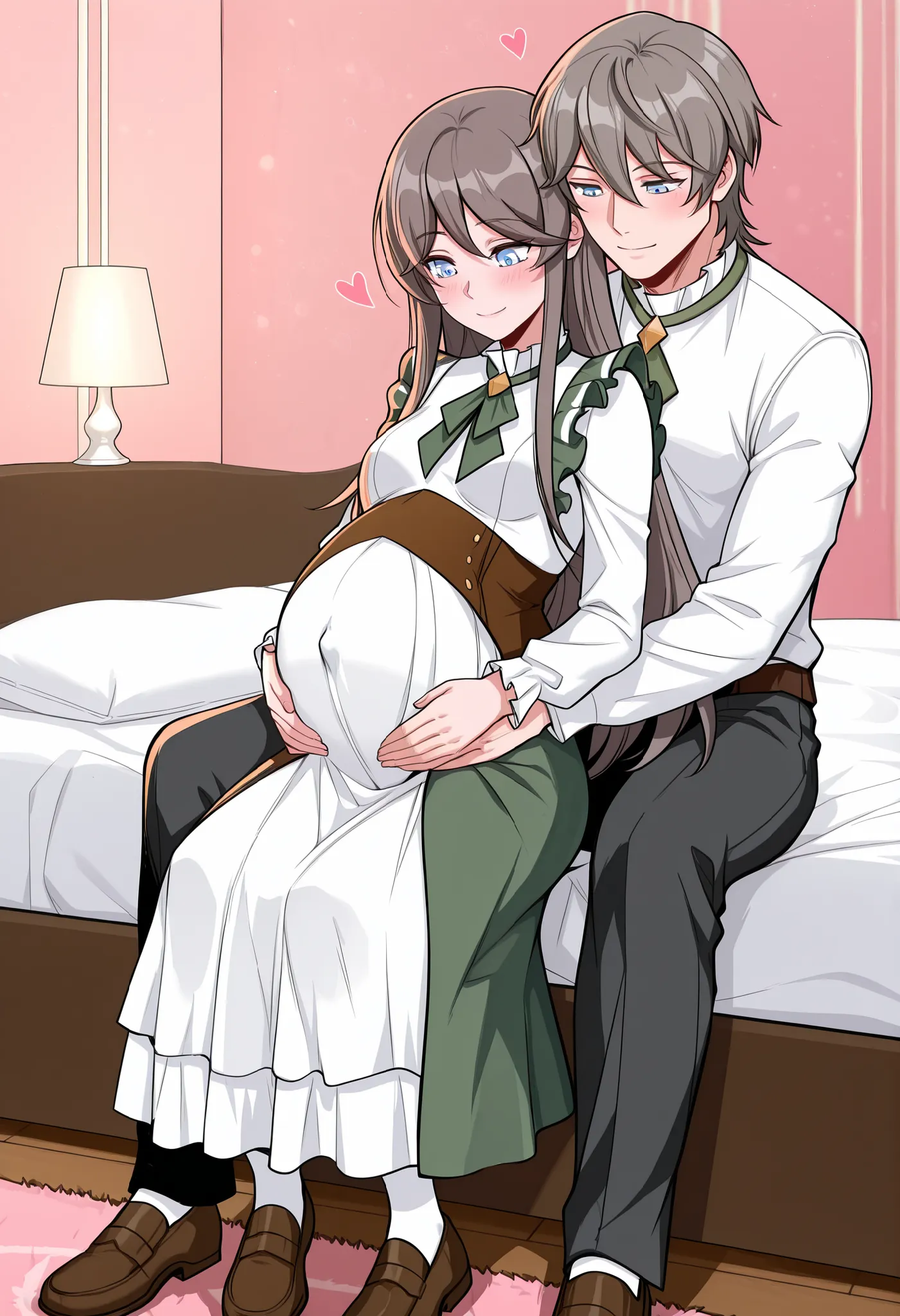 BREAK masterpiece, best quality), amazing quality, absurdres, highres, newest, HDR, 8K, tilly_wimbledon, grey hair, long hair, blue eyes, two-tone dress, frills, long sleeves, brown corset, green neckerchief, loafers, white pantyhose,  husband and wife pre...