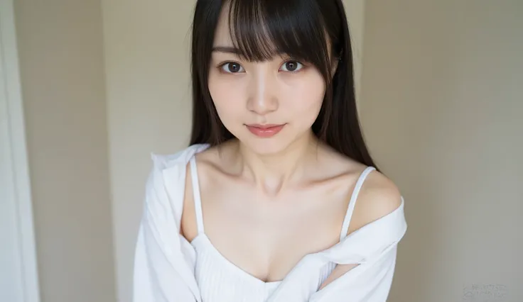 1 girl, 20 years old, young girl, Japanese girl, dark brown long hair, (I'm wearing a white tank top with thin straps, plated miniskirt), Open button, button, Closeup selfie , Natural Breasts, skinny, Chest, nsfw, Lean on me