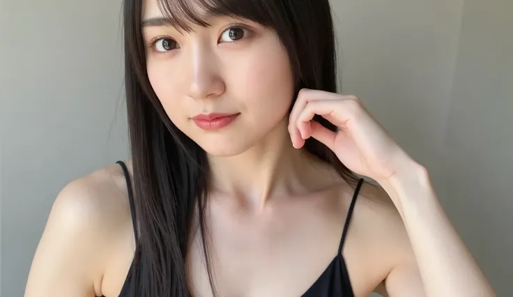 1 girl, 20 years old, young girl, Japanese girl, dark brown long hair, (I'm wearing a white tank top with thin straps, plated miniskirt), Open button, button, Closeup selfie , Natural Breasts, skinny, Chest, nsfw, Lean on me