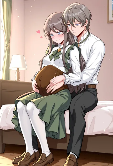 BREAK masterpiece, best quality), amazing quality, absurdres, highres, newest, HDR, 8K, tilly_wimbledon, grey hair, long hair, blue eyes, two-tone dress, frills, long sleeves, brown corset, green neckerchief, loafers, white pantyhose,  husband and wife pre...